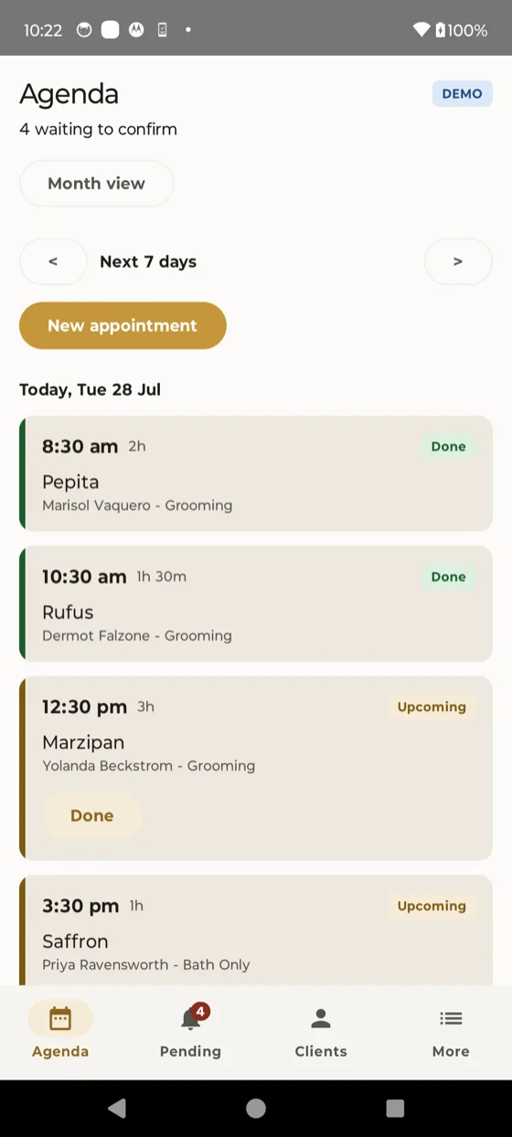 The agenda screen showing Tuesday, four dogs from 8:30am to 3:30pm