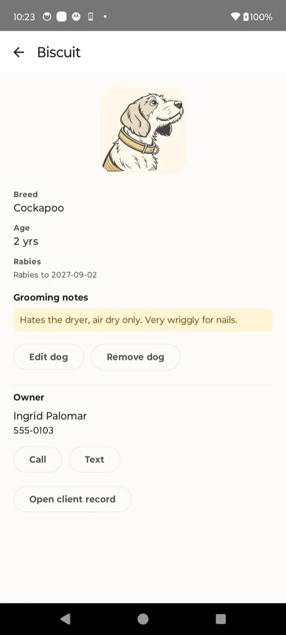 Biscuit's page, showing breed, age, rabies date and the grooming notes