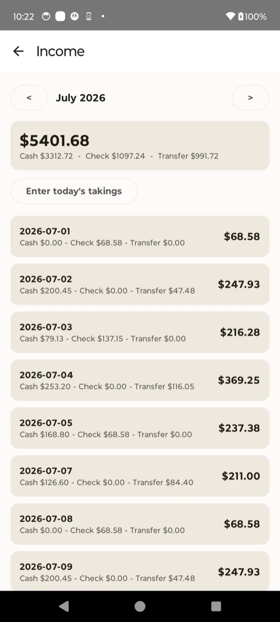 Income screen, daily takings and month totals