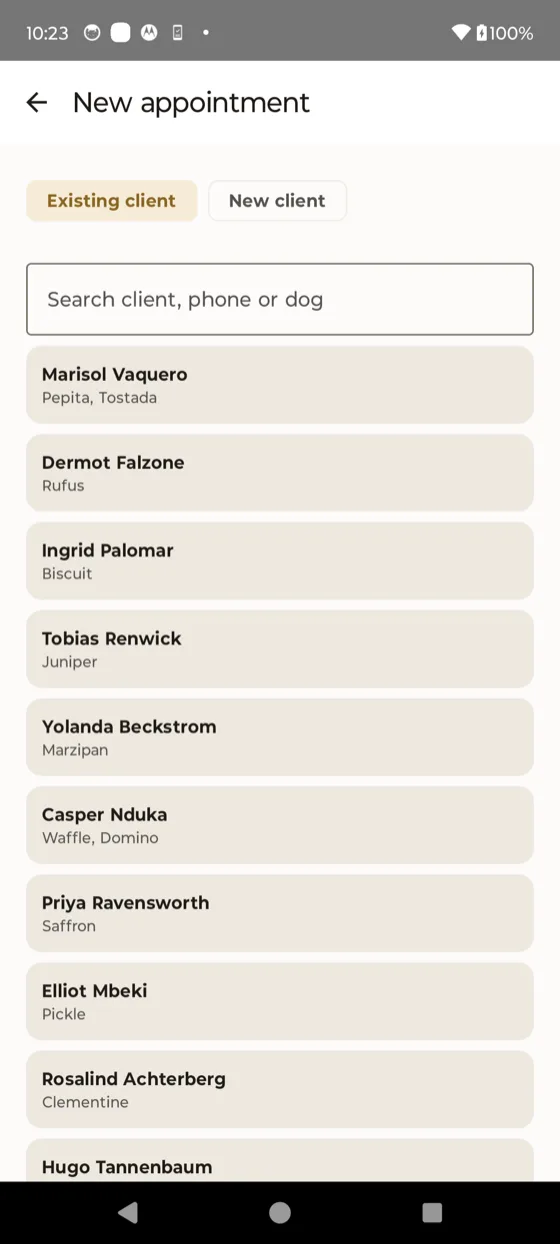 New appointment screen, picking an existing client from the list
